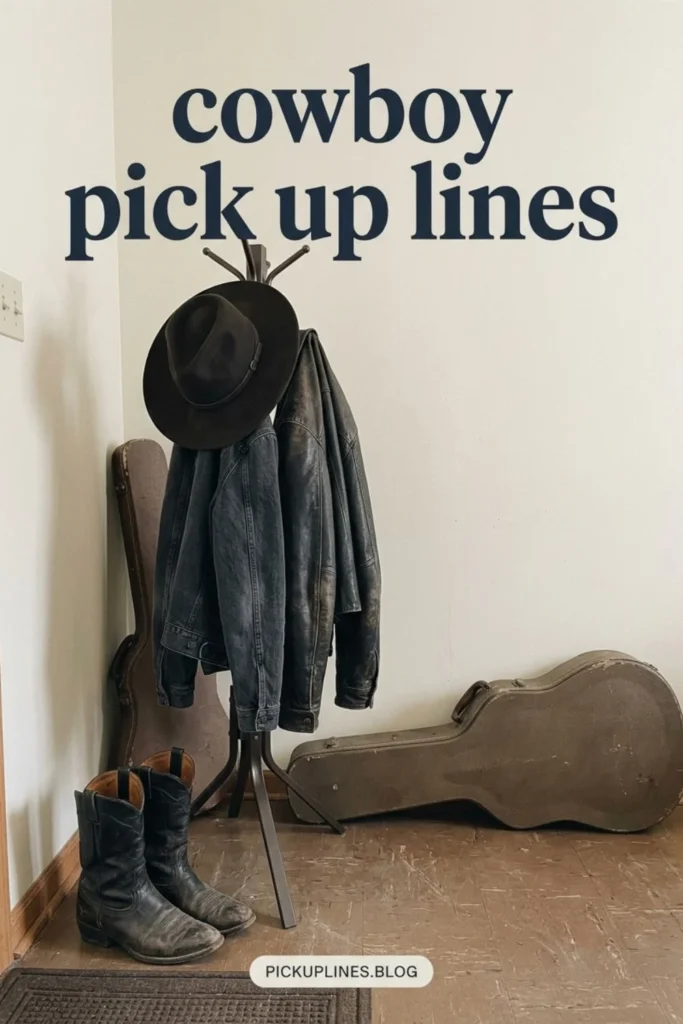 Cowboy boots, leather jacket and black cowboy hat by a coat rack