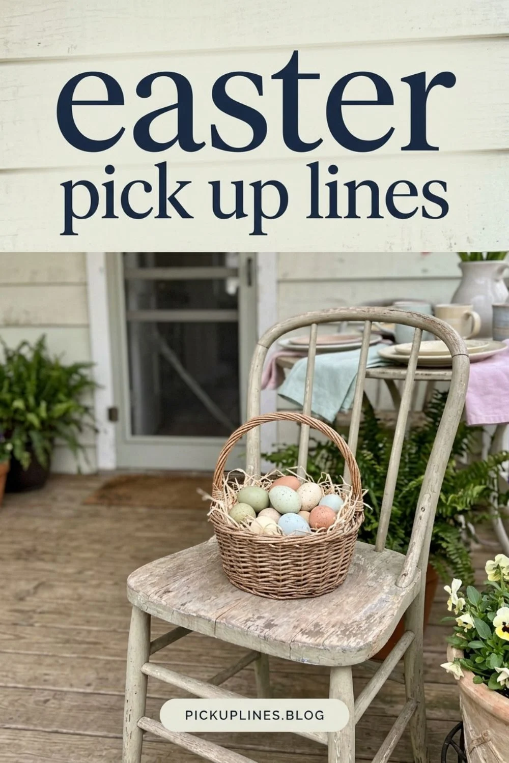 Easter eggs set on a porch chair