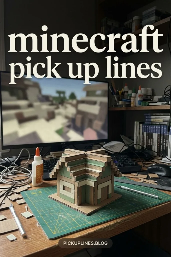 Block-style Minecraft game building setup at a hobby desk