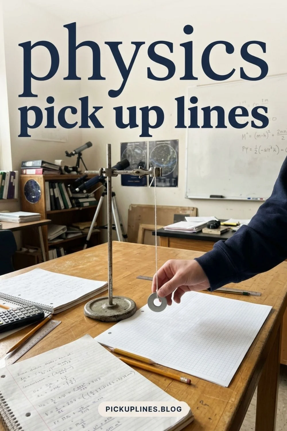 Pendulum experiment and physics notes on a classroom lab table