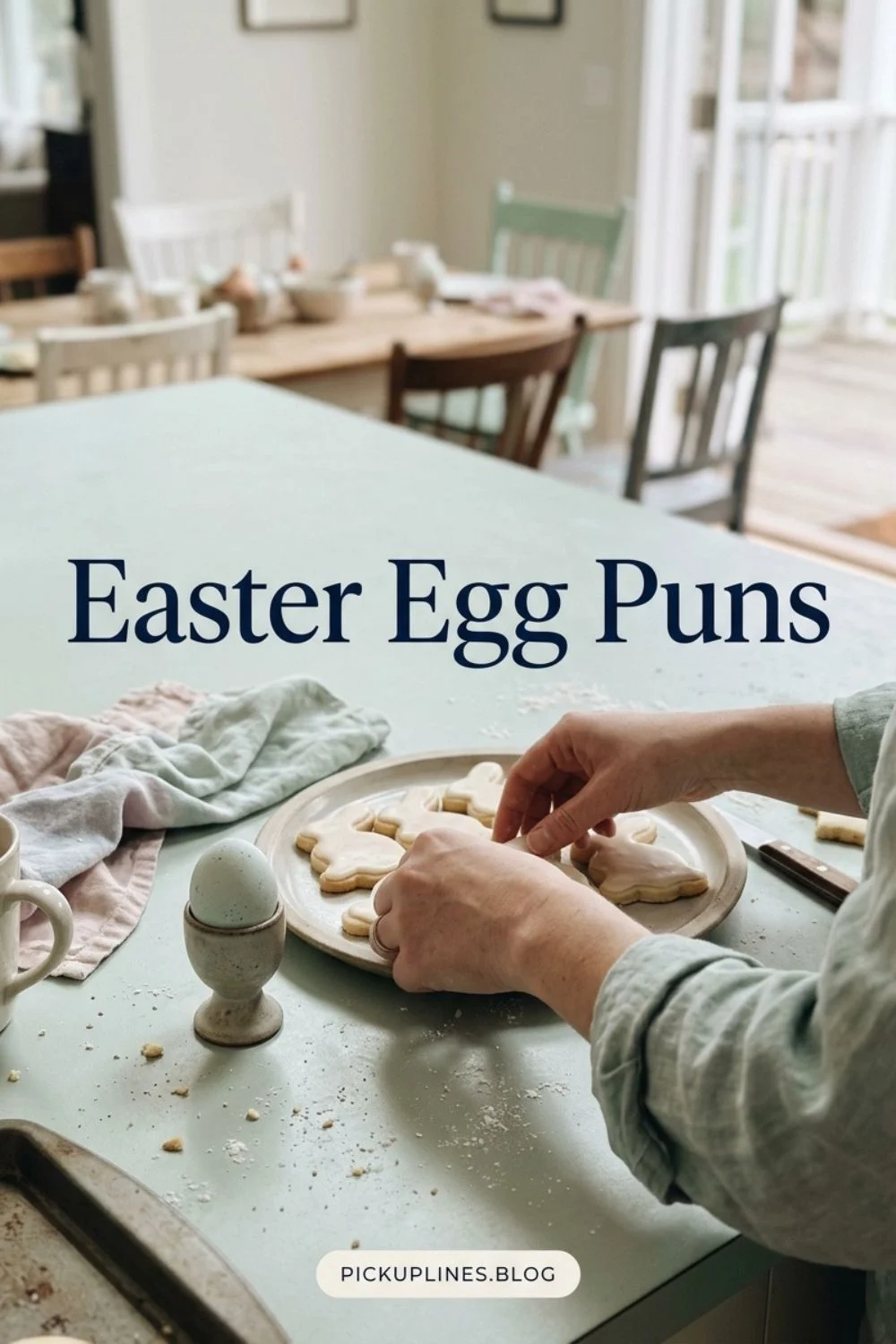 Hands decorating and arranging Easter cookies