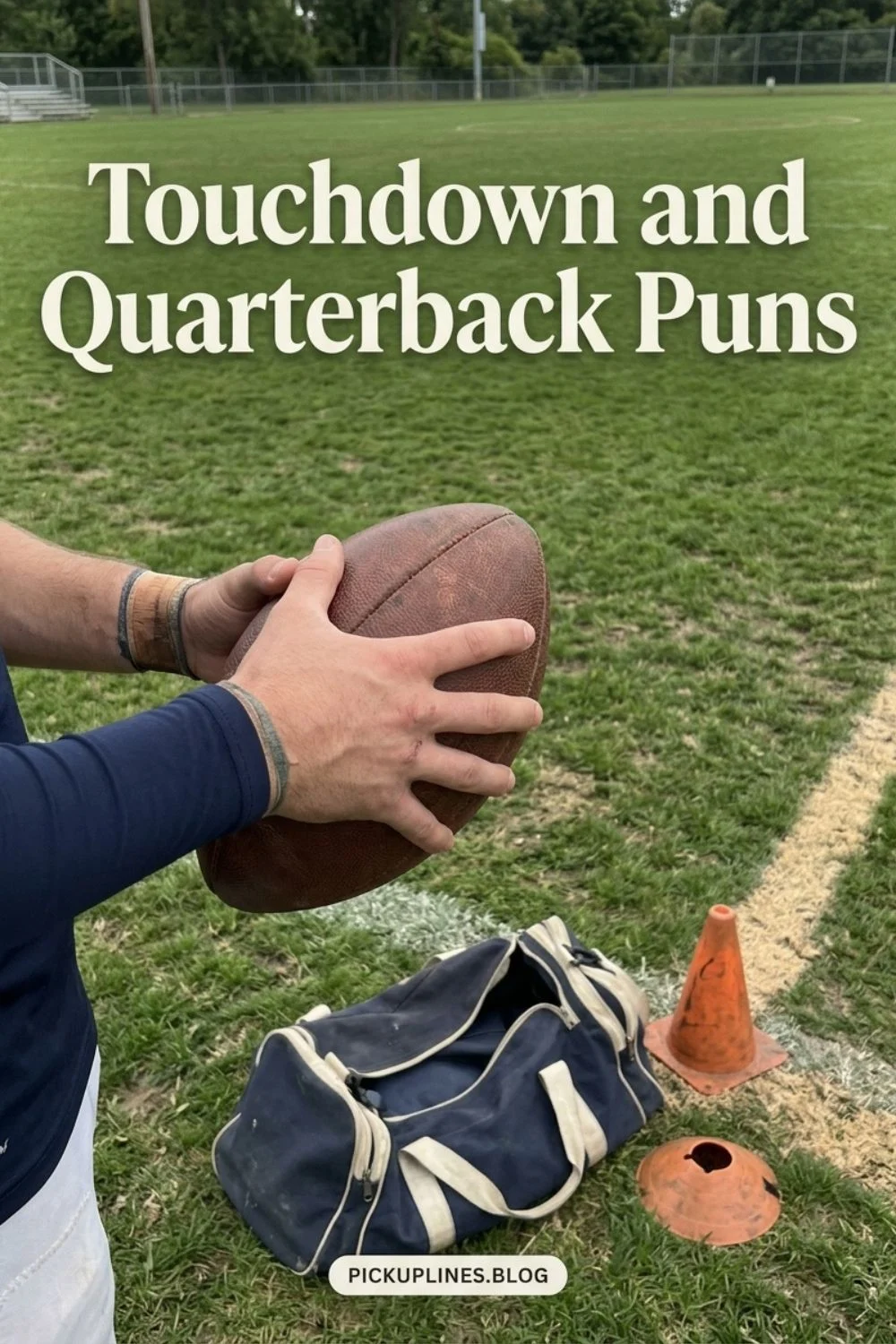 Athlete holding a football beside the field