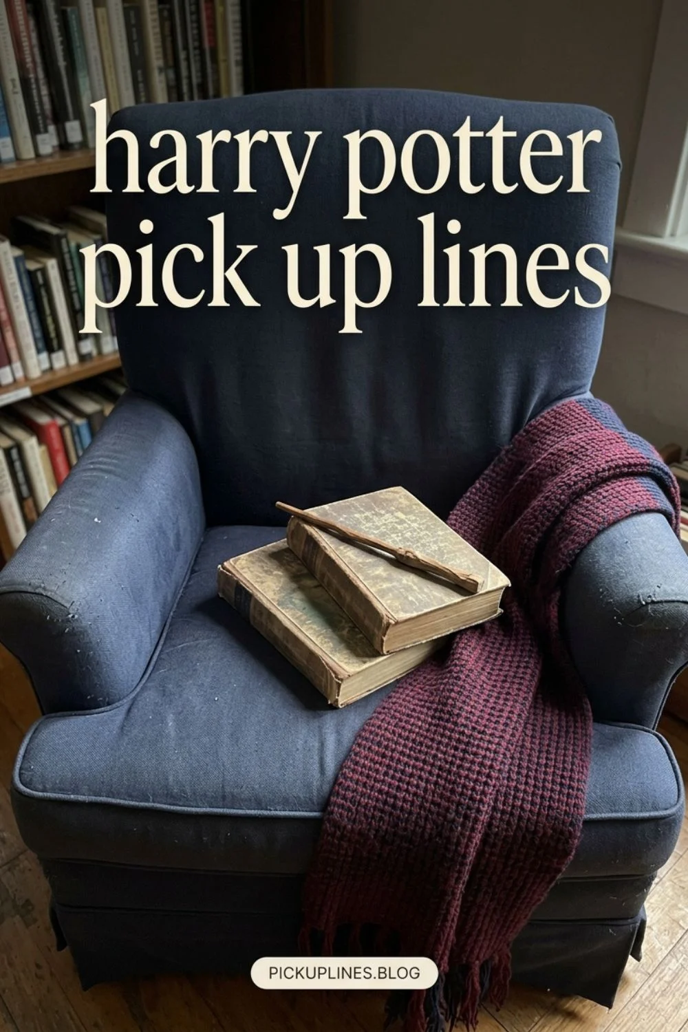 Cozy reading chair and scarf for a magic-school book fan
