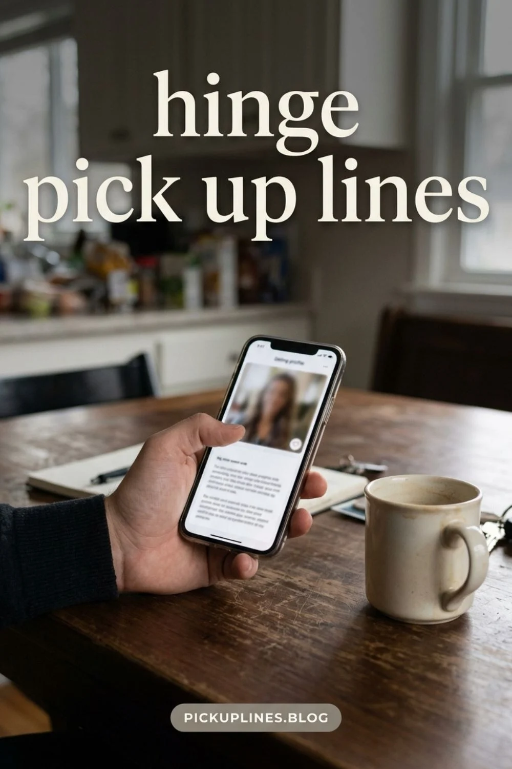 A hand holding a smartphone with a dating profile prompt
