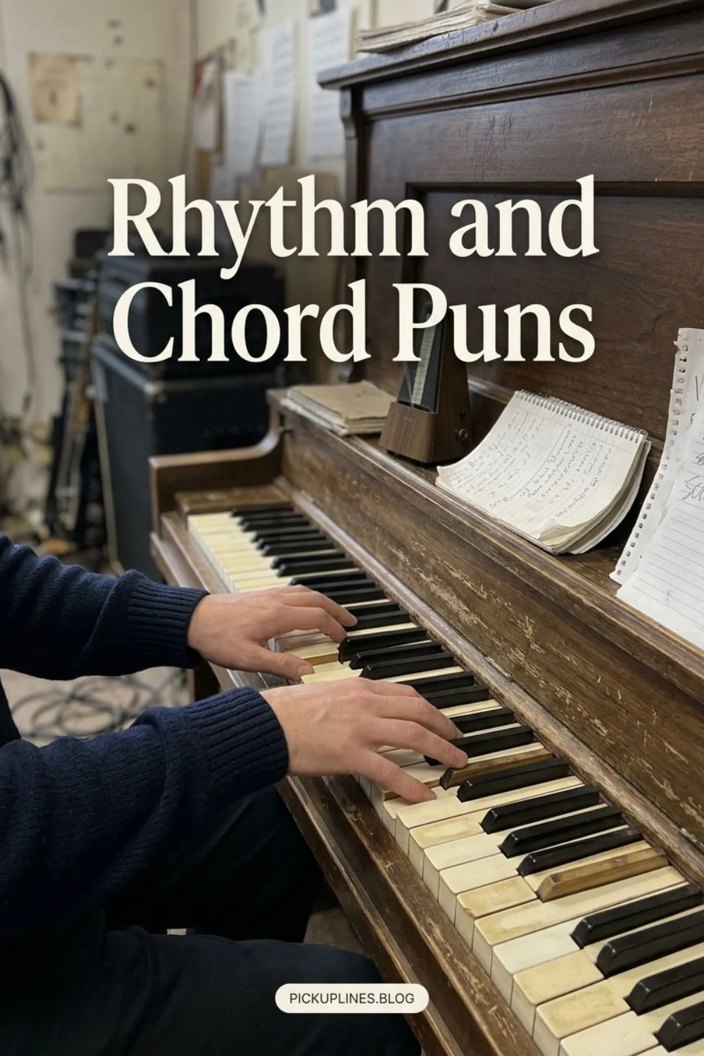 Hands playing a piano keyboard for rhythm and chord jokes