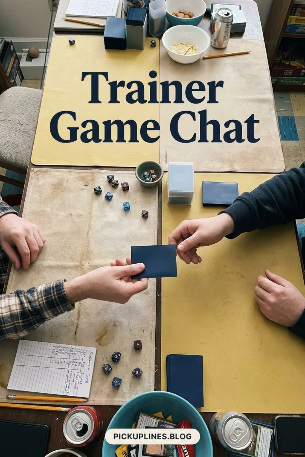 Adults exchanging collectible card sleeves