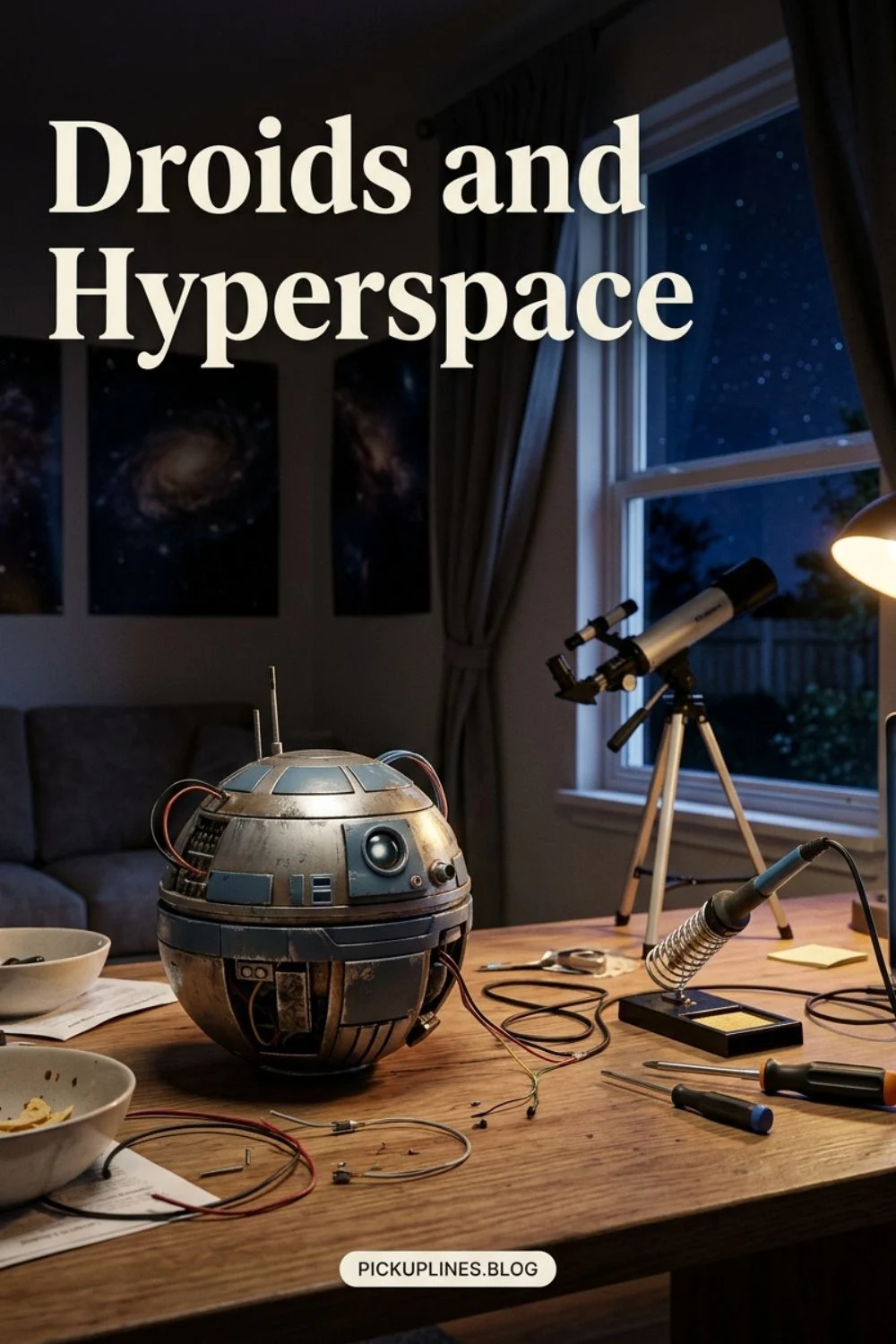 Robot model by a window and telescope