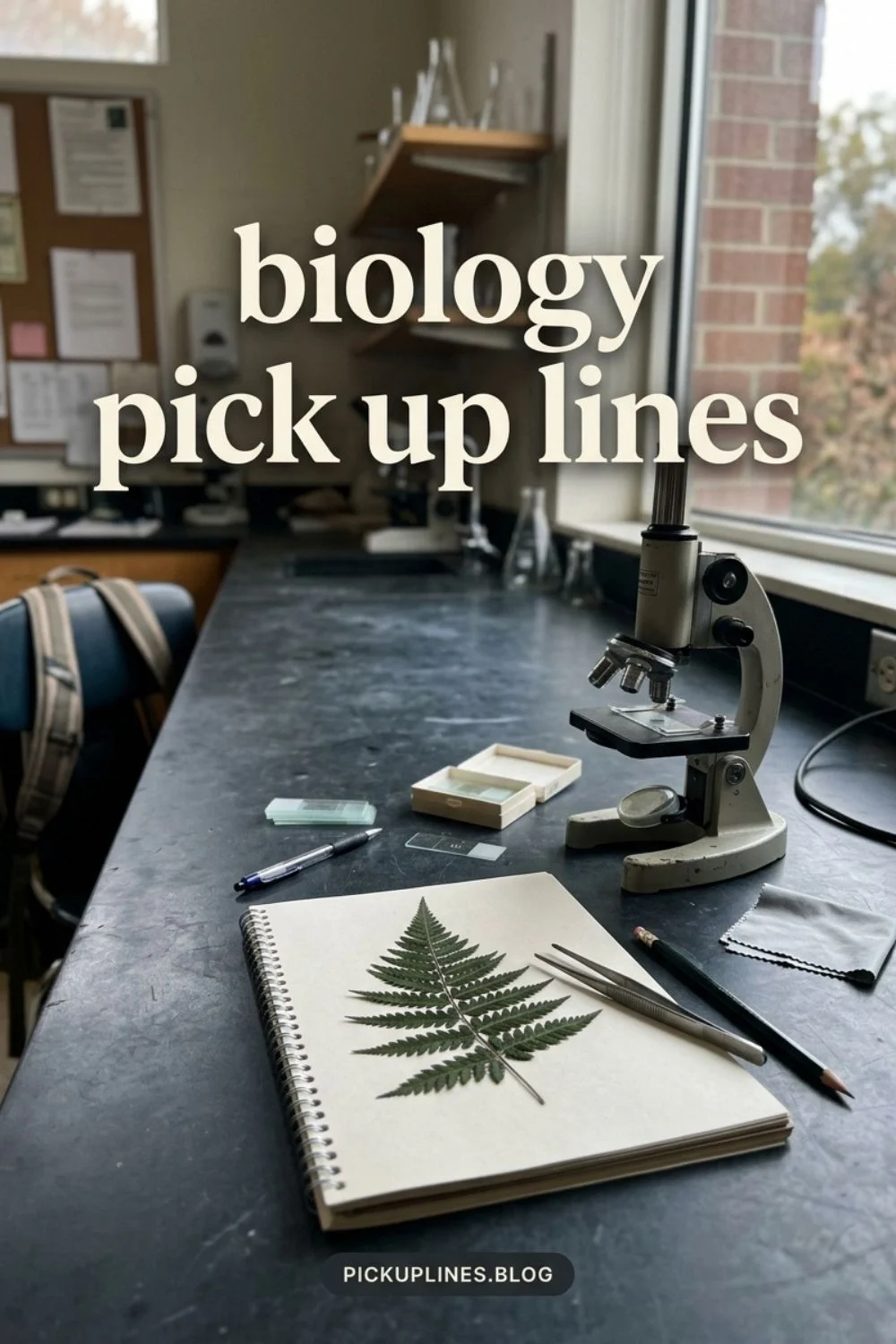 Student observing a laboratory microscope and notes