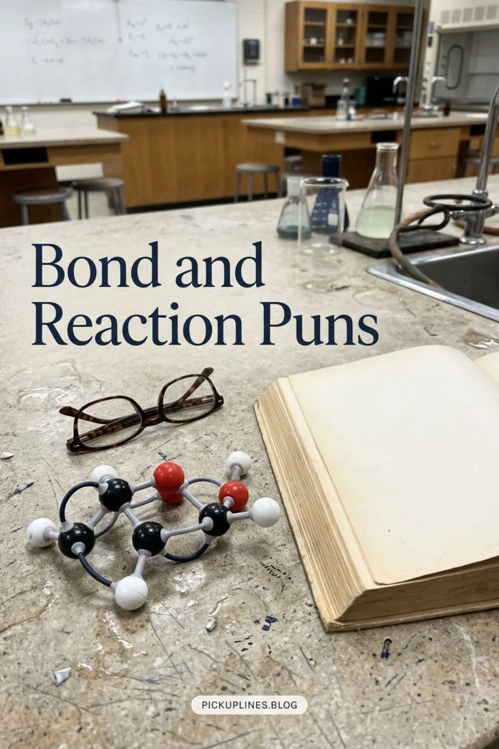 Molecular models arranged on a chemistry laboratory table