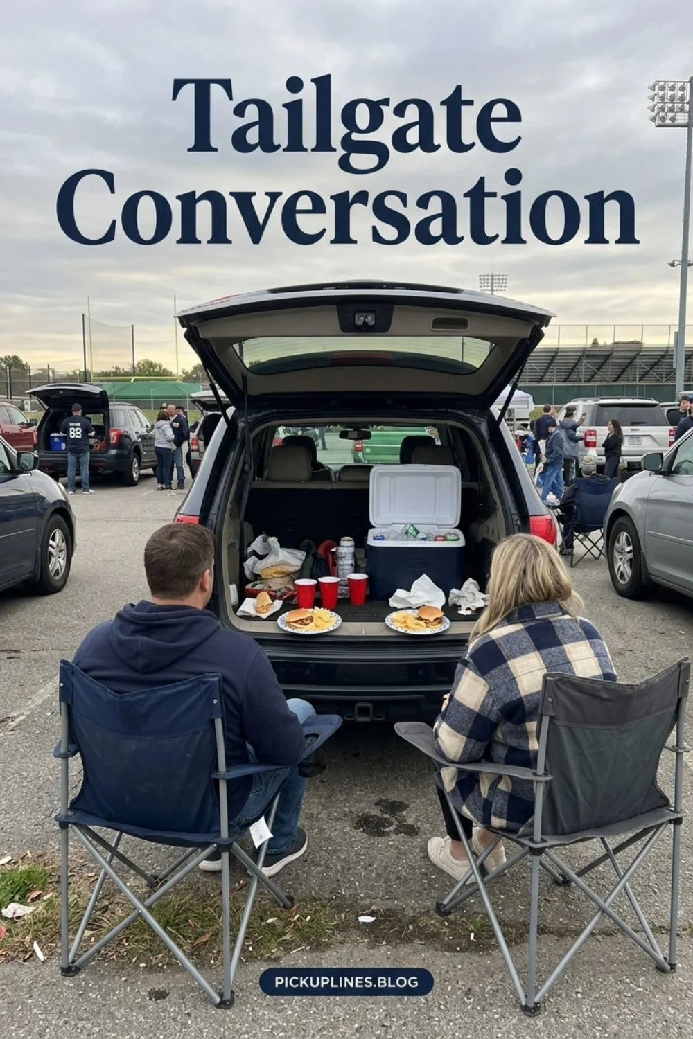 Friends tailgating outside a football stadium