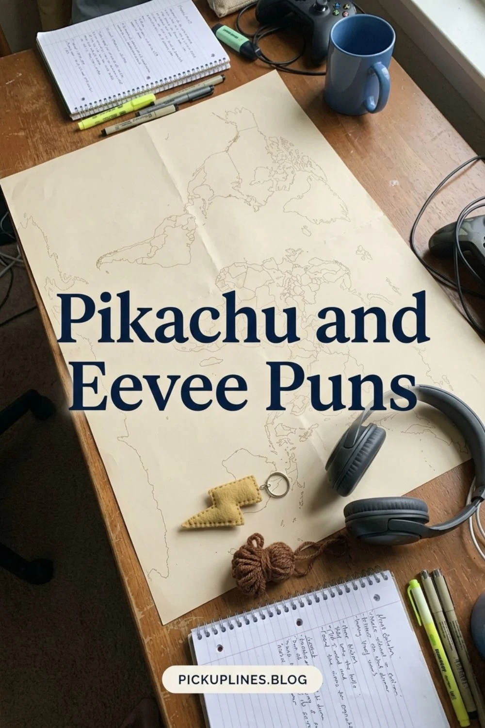 Map and notes arranged on a fantasy-themed desk