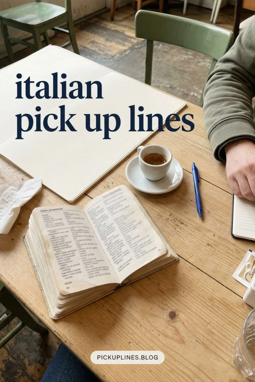 Italian language phrasebook beside a cup of espresso