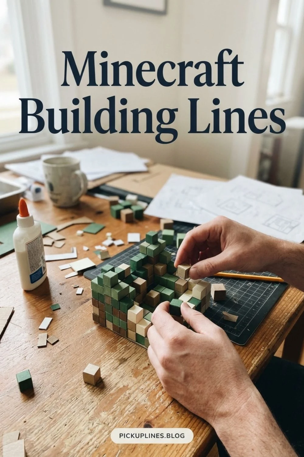 Hands making a block-style building inspired by Minecraft