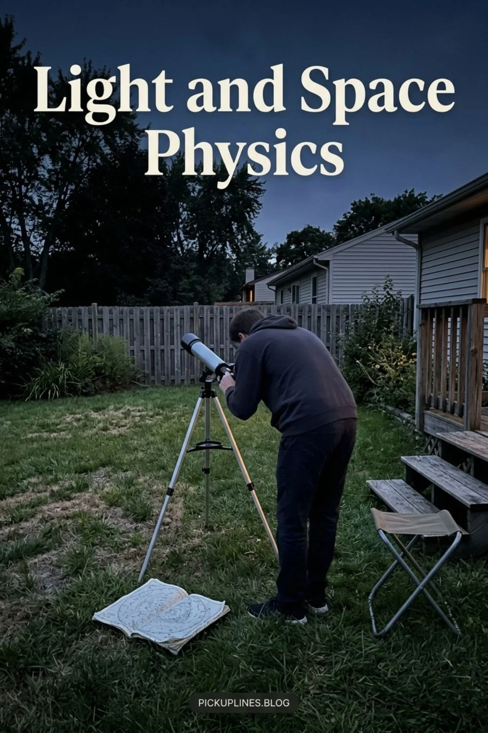 Person looking through a telescope in a backyard at dusk