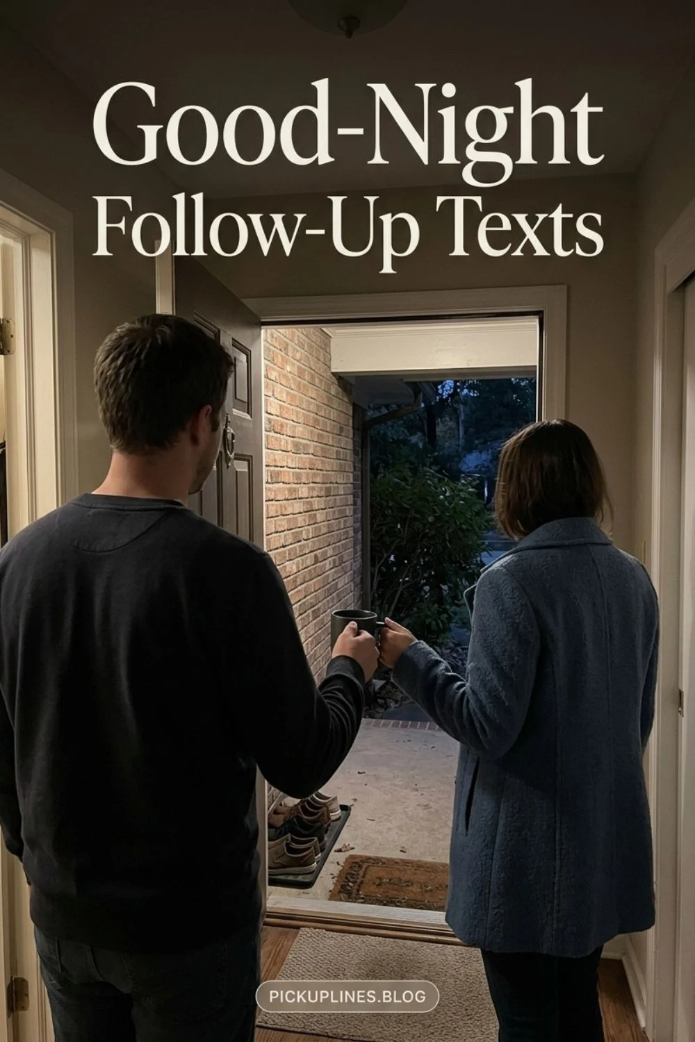 Two adults at the front door saying good night after a date